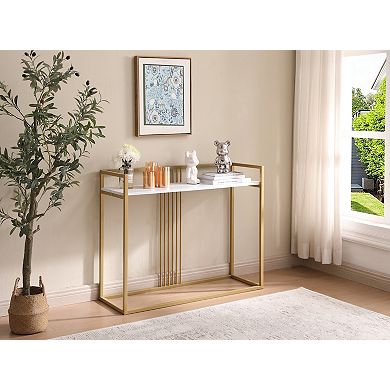 Kings Brand Furniture Modern Sofa Console Table with Faux Marble Storage Shelf & Gold Metal Frame