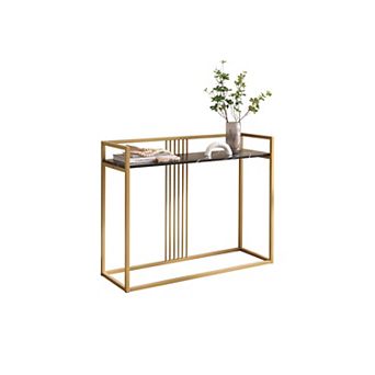 Kings Brand Furniture Modern Sofa Console Table with Faux Marble Storage Shelf & Gold Metal Frame
