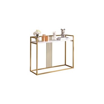 Kings Brand Furniture Modern Sofa Console Table with Faux Marble Storage Shelf & Gold Metal Frame
