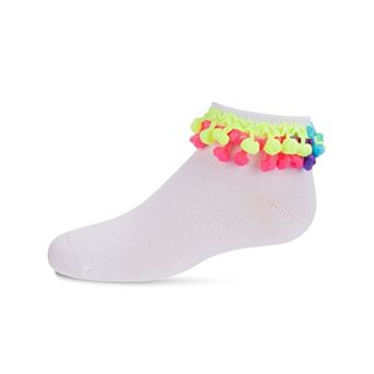 Neon Multi Pom-Pom Cotton Blend Girls Anklet Sock