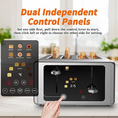 WUNLY 4-Slice Toaster With Touch Display - Dual Controls, 6 Shade Settings, Extra Wide Slots