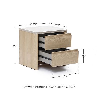 LuxenHome Snowy Oak End Table with 2 Drawers, Faux Travertine Top, Manufactured Wood