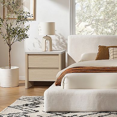 LuxenHome Snowy Oak End Table with 2 Drawers, Faux Travertine Top, Manufactured Wood
