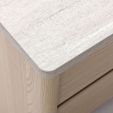 LuxenHome Snowy Oak End Table with 2 Drawers, Faux Travertine Top, Manufactured Wood