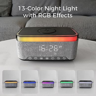 10W Bluetooth Stereo Speaker-Alarm Clock, Wireless Charging, RGB light