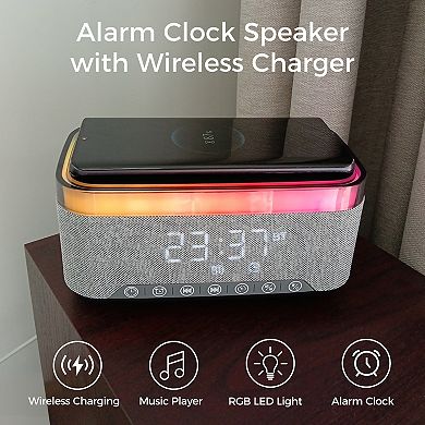 10W Bluetooth Stereo Speaker-Alarm Clock, Wireless Charging, RGB light