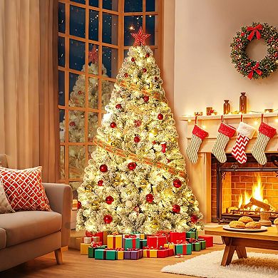 Garvee Prelit Flocked Christmas Tree - Warm White Lights, Metal Hinges, Foldable Base