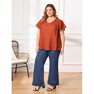 Plus Size Tops for Women V Neck Jacquard Texture Smocked Shoulder Ruffle Sleeve Summer Casual Blouse