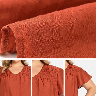 Plus Size Tops for Women V Neck Jacquard Texture Smocked Shoulder Ruffle Sleeve Summer Casual Blouse