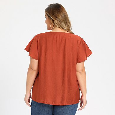 Plus Size Tops for Women V Neck Jacquard Texture Smocked Shoulder Ruffle Sleeve Summer Casual Blouse
