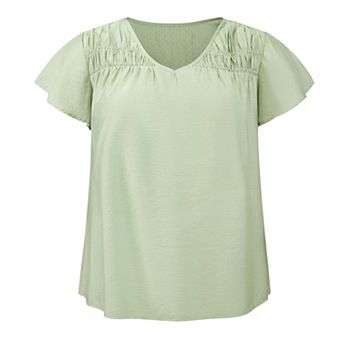 Plus Size Tops for Women V Neck Jacquard Texture Smocked Shoulder Ruffle Sleeve Summer Casual Blouse