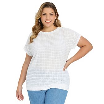 Plus Size Summer Blouses for Women Pointelle Knit Raglan Sleeve Boat Neck Hollow Loose Casual Tops