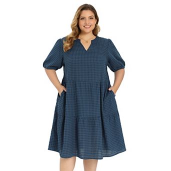 Women's Plus Size Gingham Dress Plaid Puff Sleeve Notch Neck Tiered Midi Casual Dresses with Pockets