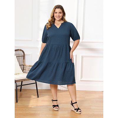 plus size fall casual dresses Moa Collection Women's Plus Size Casual Solid Loose Fit 3/4 Sleeve Dolman Sleeve Midi Dress, Size: XL, Blue main image 1