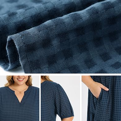 Women's Plus Size Gingham Dress Plaid Puff Sleeve Notch Neck Tiered Midi Casual Dresses with Pockets