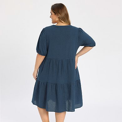 Women's Plus Size Gingham Dress Plaid Puff Sleeve Notch Neck Tiered Midi Casual Dresses with Pockets