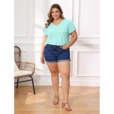 Plus Size Summer T Shirts for Women Tulip Sleeve V Neck Tops Solid Basic Casual Blouses