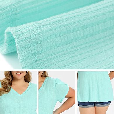 Plus Size Summer T Shirts for Women Tulip Sleeve V Neck Tops Solid Basic Casual Blouses