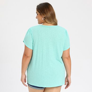 Plus Size Summer T Shirts for Women Tulip Sleeve V Neck Tops Solid Basic Casual Blouses