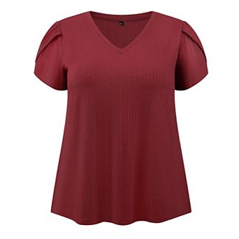 Plus Size Summer T Shirts for Women Tulip Sleeve V Neck Tops Solid Basic Casual Blouses
