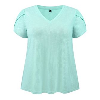 Plus Size Summer T Shirts for Women Tulip Sleeve V Neck Tops Solid Basic Casual Blouses