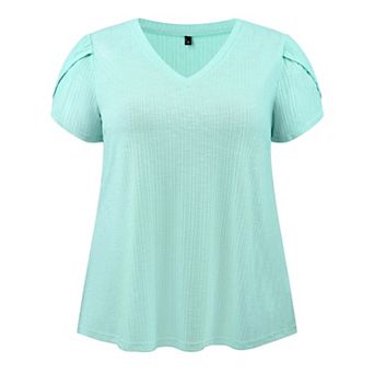 Plus Size Summer T Shirts for Women Tulip Sleeve V Neck Tops Solid Basic Casual Blouses