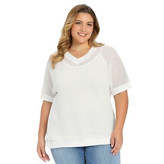 Plus Size Summer Tops for Women Half Sleeve Waffle Knit Blouse Crochet V Neck Side Slit Casual Top