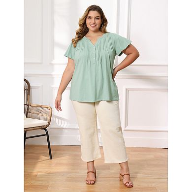 Plus Size Tops for Women Button Pintuck Front Notch Neck Tunic Shirt Ruffle Sleeve Casual Blouse