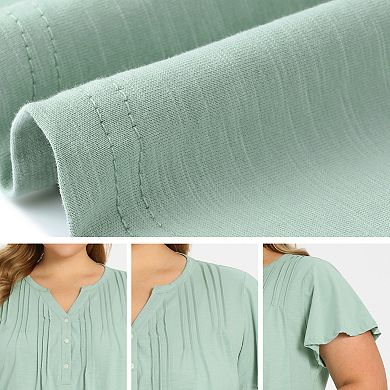 Plus Size Tops for Women Button Pintuck Front Notch Neck Tunic Shirt Ruffle Sleeve Casual Blouse