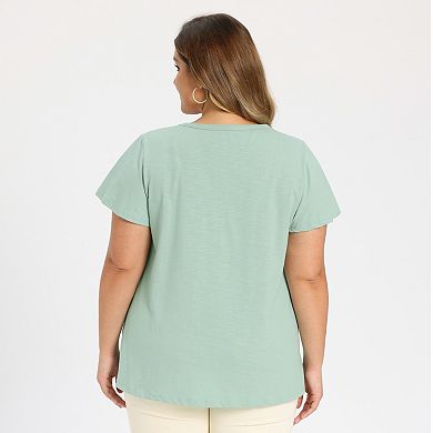 Plus Size Tops for Women Button Pintuck Front Notch Neck Tunic Shirt Ruffle Sleeve Casual Blouse