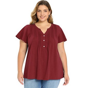 Plus Size Tops for Women Button Pintuck Front Notch Neck Tunic Shirt Ruffle Sleeve Casual Blouse