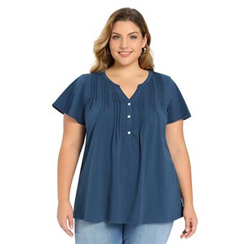 Plus Size Tops for Women Button Pintuck Front Notch Neck Tunic Shirt Ruffle Sleeve Casual Blouse