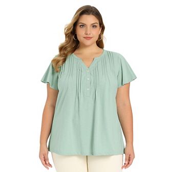 Plus Size Tops for Women Button Pintuck Front Notch Neck Tunic Shirt Ruffle Sleeve Casual Blouse