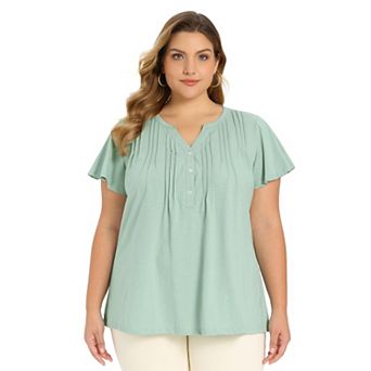 Plus Size Tops for Women Button Pintuck Front Notch Neck Tunic Shirt Ruffle Sleeve Casual Blouse