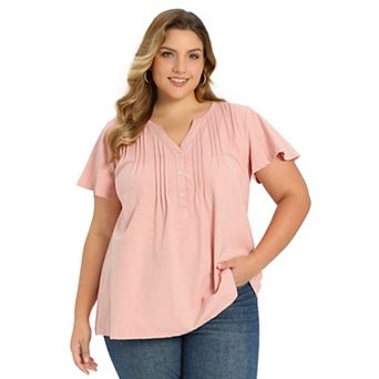 Plus Size Tops for Women Button Pintuck Front Notch Neck Tunic Shirt Ruffle Sleeve Casual Blouse