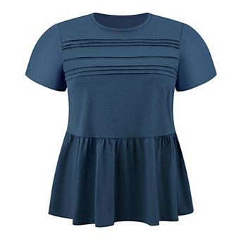 Plus Size Babydoll Blouse for Women Pleated Front Crew Neck Ruffle Sleeve Casual Flowy Peplum Tops