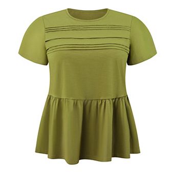 Plus Size Babydoll Blouse for Women Pleated Front Crew Neck Ruffle Sleeve Casual Flowy Peplum Tops