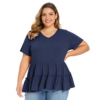 Plus Size Babydoll Tops for Women Textured V Neck Short Sleeve Tiered Pleated Casual Summer Blouses