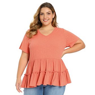 Plus Size Babydoll Tops for Women Textured V Neck Short Sleeve Tiered Pleated Casual Summer Blouses