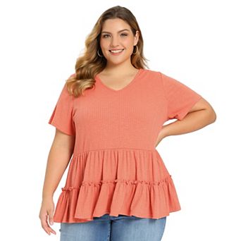 Plus Size Babydoll Tops for Women Textured V Neck Short Sleeve Tiered Pleated Casual Summer Blouses