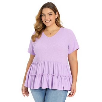 Plus Size Babydoll Tops for Women Textured V Neck Short Sleeve Tiered Pleated Casual Summer Blouses