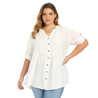 Plus Size Blouse for Women Textured Pintuck Button Down Shirts 3/4 Sleeve Notch Neck Casual Shirt
