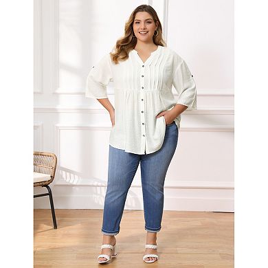 Plus Size Blouse for Women Textured Pintuck Button Down Shirts 3/4 Sleeve Notch Neck Casual Shirt