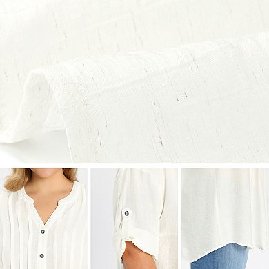 Plus Size Blouse for Women Textured Pintuck Button Down Shirts 3/4 Sleeve Notch Neck Casual Shirt