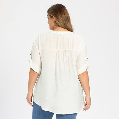 Plus Size Blouse for Women Textured Pintuck Button Down Shirts 3/4 Sleeve Notch Neck Casual Shirt