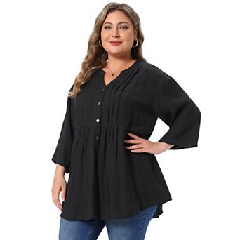 Plus Size Blouse for Women Textured Pintuck Button Down Shirts 3/4 Sleeve Notch Neck Casual Shirt