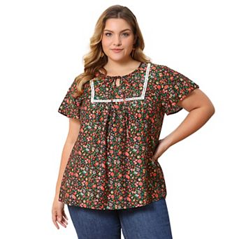 Plus Size Blouses for Women Pintucked Trim Front Floral Print Tie Neck Ruffle Sleeve Vacation Tops