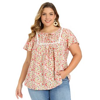 Plus Size Blouses for Women Pintucked Trim Front Floral Print Tie Neck Ruffle Sleeve Vacation Tops