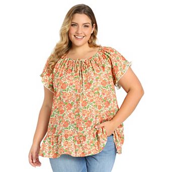 Plus Size Summer Blouse for Women Floral Print Ruffle Sleeve Gathered Tie Neck Vacation Blouses Top