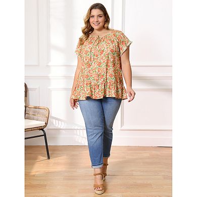 Plus Size Summer Blouse for Women Floral Print Ruffle Sleeve Gathered Tie Neck Vacation Blouses Top